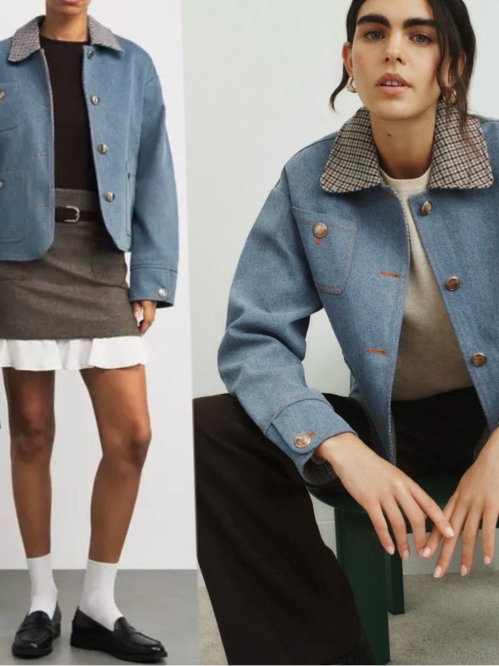 Sandro Light Blue Jean Jacket with Checked Contrast Collar size FR 42 or US 10.